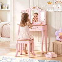 Ensemble coiffeuse rose moderne et tendance pour enfants avec tiroir et tabouret pour petites filles - Meuble de maison en bois durable