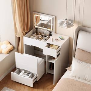 Coiffeuse minimaliste moderne avec miroir relevable éclairé et armoire de rangement pour chambre à coucher - Product Image 1