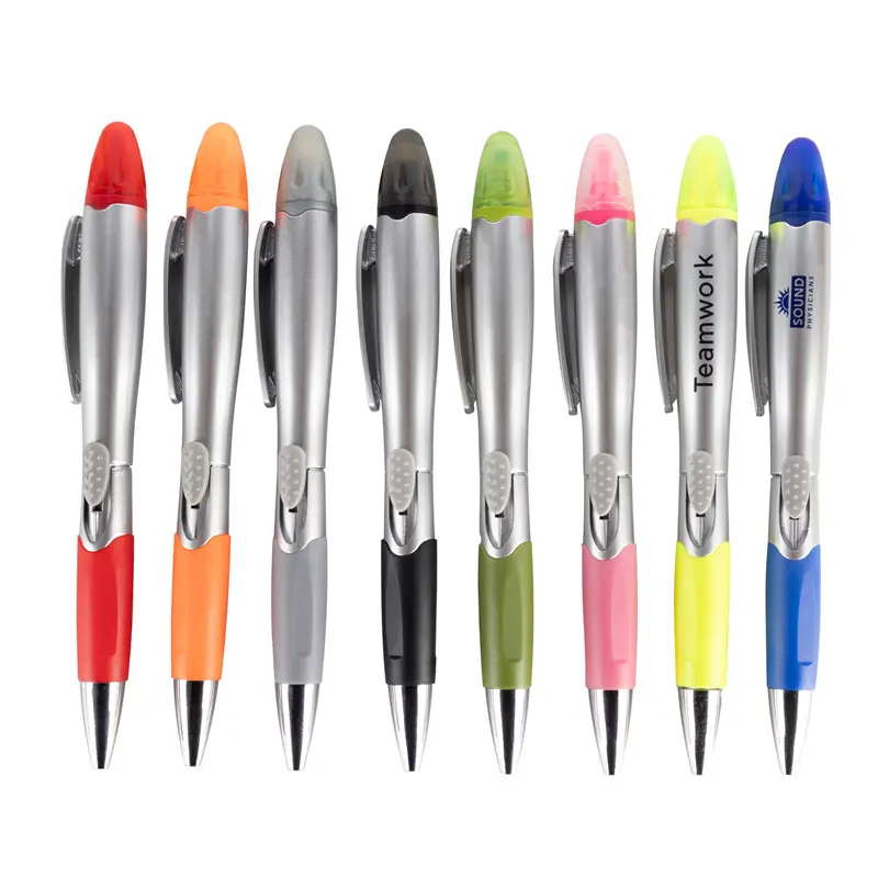 MEGA 2024 özelleştirilmiş renkli iki bir vurgulayıcı kalem ile plastik slayt-eylem tükenmez kalem ofis kullanımı için