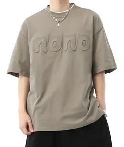 Camiseta grande de algodão, camiseta de algodão com relevo, logotipo, pesada, de ombros, unissex