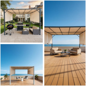 Gazebo Exterior de Techo Plano con Paneles Laterales y Estructura de Acero con Recubrimiento en Polvo <span class=keywords><strong>para</strong></span> Patio y Cochera - Product Image 3