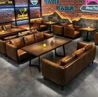 Ensemble de table et canapé en cuir vieilli industriel, canapé 3 places en PU couleur cognac, pieds en métal noir pour bar, pub, restaurant, salon