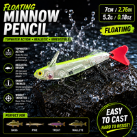 DUHNNUG Leurre de pêche flottant type crayon 7cm 5.2g, appât dur réaliste pour eaux de surface, yeux de poisson 3D, écailles, pour eau salée, rivière et lac