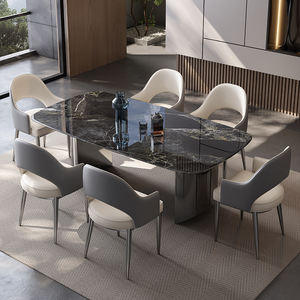 आधुनिक सरल आयताकार डाइनिंग टेबल सेट सुपर क्रिस्टल पत्थर फिनिश रॉक प्लेट डिजाइन छोटे अपार्टमेंट के लिए धातु कुर्सी - Product Image 4