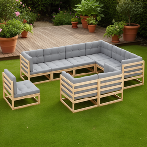 Ensemble de salon de jardin modulaire en bois de pin massif naturel, mobilier d'extérieur 10 places, design contemporain - Product Image 2