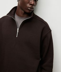 <b>Men's</b> Loose Fit <b>Half</b>-<b>Zip</b> <b>Sweatshirt</b> 100% Cotton Long Sleeve and Regular Length Dark Brown Oversize Hoodies for Winter Summer - Product Image 6
