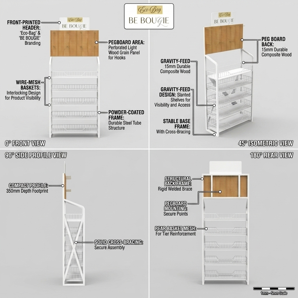 Wholesale Custom Metal Eco-friendly Shopping Bag Display Stand Retail Store Pegboard Hook Rack with Baskets Floor Display Shelf — view 3