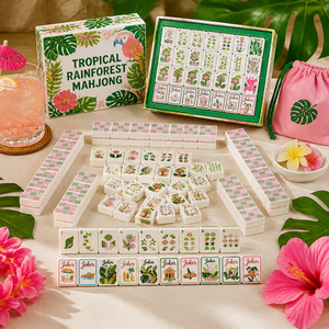 Jeu de Mahjong américain Rainforest Paradise avec des tuiles colorées représentant des perroquets, des feuilles de palmier, des coquillages et des maisons tropicales - Product Image 2