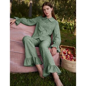 Womens Plaid Pajamas Set Cotton <b>Long</b> Sleeve Ruffle Pants <b>Matching</b> Lounge Wear Sleepwear - Product Image 4
