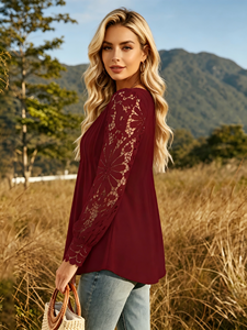Women's Red <b>Crocheted</b> Lace <b>Sleeve</b> Blouse-Elegant V-Neck Button Front Casual <b>Top</b> for Daily Party Wear - Product Image 2