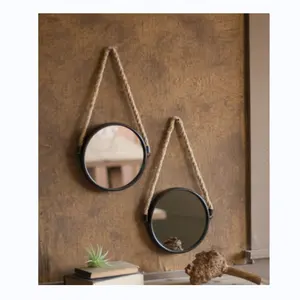 Промышленное декоративное круглое черное металлическое круглое настенное зеркало с веревкой