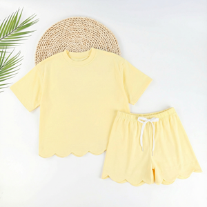 Puresun Solid 100% biologisch katoen kinderkleding groothandel set met gegolfde zoom, custom baggy casual zomer meisjes shorts sets - Product Image 5