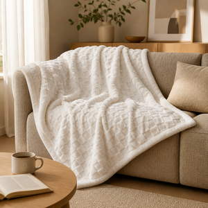Ivory Check Sherpa Throw <b>Blanket</b> 200x230cm 3D Grid Texture Soft <b>Plush</b> Sofa Bed Throw, 3 Sizes Available Poland Stock - Product Image 1