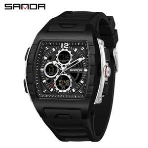 Montre électronique SANDA 3391 en forme de baril à double affichage, compte à rebours, triple fuseau horaire, montre de mode lumineuse, étanche et avec alarme - Product Image 1