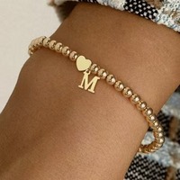 Bracelet extensible en chaîne de perles de 4 mm avec pendentif en forme de cœur lisse et rond en zircon, lettre initiale A-Z en or rempli 14 carats, vente en gros