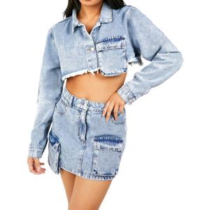 Nouvelle conception, logo personnalisé, chemises en jean à manches longues pour femmes, effet délavé, ourlet effiloché, chemise cargo courte - Product Image 3