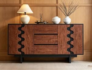 Premium Wavy Inlay Wooden Sideboard 2-Door 3-<b>Drawer</b> Large <b>Storage</b> Mid Century Modern Credenza <b>For</b> Living Room Dining Room - Product Image 4