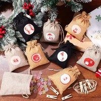 Schwarz-Gold Weihnachts-Adventskalender-Beutel 24 Stück Leinen-Zugbeutel mit Aufklebern für DIY Weihnachts-Countdown-Dekorationen