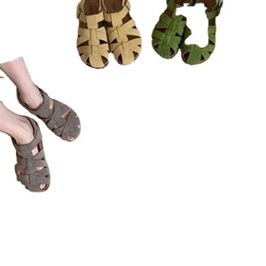 Sandales plates pour femmes, bout ouvert, à lanières, avec boucle, en faux daim, style coréen, respirantes, semelle extérieure en caoutchouc - Product Image 1