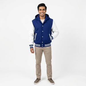 Men's Custom Patchwork Real <b>Leather</b> Sleeves Varsity Letterman Jacket Hot Selling Canvas with Embroidery Logo - Product Image 1
