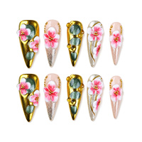 Ongles Stiletto Rose et Blanc 10 Pièces Faits Main Fleurs 3D Perles Dorées Effet Œil de Chat Paillettes Ongles à Presser Prix de Gros