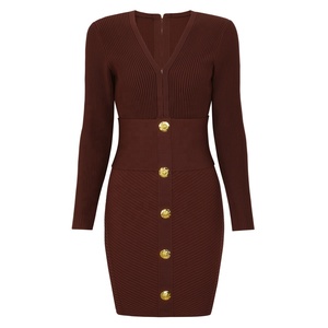 AIMEISI Nuovo Abito Aderente da <span class=keywords><strong>Donna</strong></span> con Scollo a V e Bottoni Metallici, Elegante <span class=keywords><strong>Vestito</strong></span> Casual da <span class=keywords><strong>Donna</strong></span> - Product Image 4
