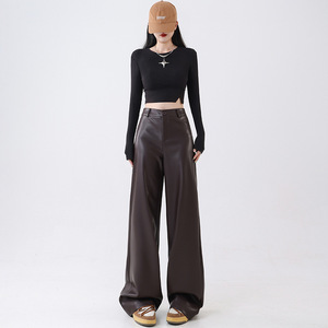 <span class=keywords><strong>Pantaloni</strong></span> Vintage da <span class=keywords><strong>Donna</strong></span> Estivi in PU, Gamba Larga, Vita Alta, Chiusura con Cerniera, Neri <span class=keywords><strong>di</strong></span> Alta Qualità - Product Image 2