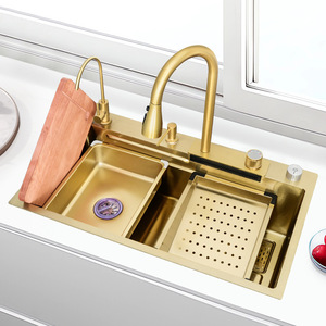 Lavello da <span class=keywords><strong>Cucina</strong></span> Grande Monoblocco in Acciaio Inox 304 Dorato, Design Moderno e Semplice, Fatto a Mano, con Effetto Cascata e Pioggia, Taichung - Product Image 2