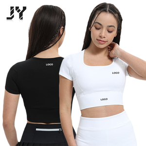 JY nueva <span class=keywords><strong>ropa</strong></span> básica de <span class=keywords><strong>Yoga</strong></span> de gimnasio personalizada para mujeres entrenamiento Fitness correr camiseta transpirable con manga de algodón camisetas atléticas - Product Image 1