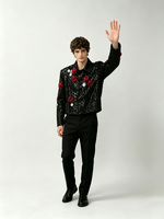 Blouson Bomber Décontracté de Luxe Personnalisable ODM Noir à Motifs Floraux 3D Rose Menthe pour Hommes – Idéal pour Soirées et Scènes