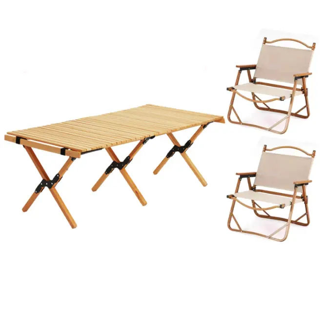 स्वीकार OEM आउटडोर पोर्टेबल तह पिकनिक कैम्पिंग लकड़ी की मेज और कुर्सी शिविर की आपूर्ति