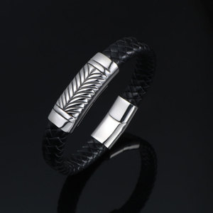 Men's Wheat Ear Leather Bracelet <b>Titanium</b> Steel Black Braided Plant Pattern Gift Jewelry CE538 - Product Image 2