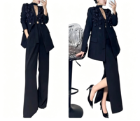 Costume de blazer pour femme personnalisé avec appliques florales, ensemble 2 pièces, pantalon large blanc élégant / jupe fendue, tenue de travail formelle
