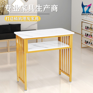 Table de manucure HONGZI à double niveau, imitation marbre, cadre doré, station de manucure pour salon - Product Image 3