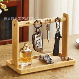 Wooden Key Rack Tray Solid Wood Desktop Organizer For Home Entryway Storage With <b>Hooks</b> And Base <b>Shelf</b> - Product Image 1