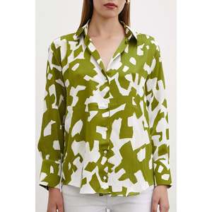 Camisa de Gasa con Estampado Geométrico para Mujer, Verde, con Botones, Estilo Casual para el Día a Día - Product Image 5
