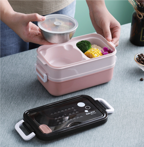 Fiambrera de acero inoxidable o plástico de doble nivel con 3 compartimentos Material plástico 304 de grado alimenticio para niños <span class=keywords><strong>Catering</strong></span> <span class=keywords><strong>escolar</strong></span> - Product Image 3