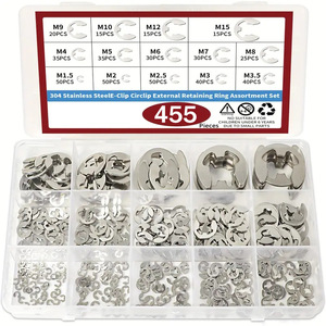 Juego de Anillos de Retención Externos E-Clip, 455 Piezas, M1.5 M15, Acero Inoxidable 304, Métricos, de Encaje Rápido - Product Image 1