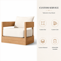 Fauteuil lounge en teck massif, fauteuil d'appoint minimaliste Japandi avec accoudoirs découpés et base sur socle pour chambre et balcon