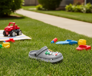 Zoccoli grigi per bambini taglia 20 con spille animate, per l'uso estivo all'aperto - Product Image 2