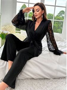 Conjunto de 2 Piezas de Vestido Casual de Encaje para Mujer Maxfree, Conjunto de Pijama de Plumas para Mujer, Ropa de Dormir para Primavera, Verano y Otoño - Product Image 2