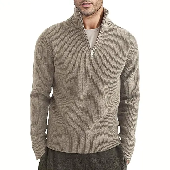 Pull à fermeture éclair pour hommes Pull polo à col montant Chandails en tricot à col roulé léger pour hommes avec bord côtelé