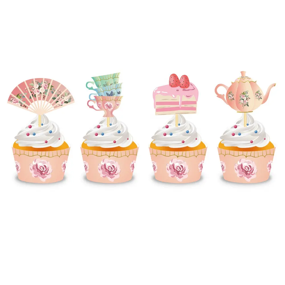 Huancai Tea Party Favor lovely tea party cups cupcake toppers Picks and cupcake wrappers 48 pcs