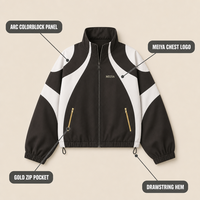 Veste coupe-vent marron personnalisée pour homme, avec empiècements colorblock, poche zippée dorée, manches ballon, ourlet à cordon de serrage, coupe oversize pour le streetwear