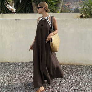 Robes d'été décontractées de style luxueux pour femmes, élégantes, <span class=keywords><strong>sexy</strong></span>, à col halter, en dentelle, amples, basiques, maxi, pour la plage et les vacances, sans manches - Product Image 4