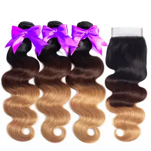 Human Hair Extensions deep curly bundles With Lace Closure 1B/4/27 Ombre body wave european hair brazilian hair bundles