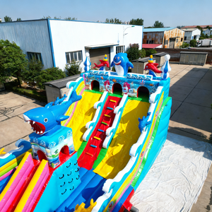 Château gonflable populaire sur le thème des requins avec double toboggan, structure de jeux gonflable commerciale d'extérieur pour fêtes d'enfants et parcs d'attractions - Product Image 5