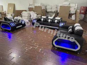 Canapés de salon en cuir européen avec éclairage LED, ensemble de canapés modernes, meubles - Product Image 2