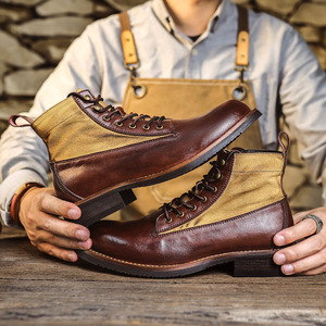 <b>For</b> Boots <b>Men</b> Brown Leather Round Toe Mid <b>Heel</b> Motorcycle Work Boots British Style Color Blocking Fleece Lining - Product Image 2