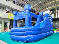 Parcours d'obstacles gonflable combiné toboggan aquatique bleu, piste de course, château gonflable extérieur décoratif, petite machine distributrice, jeu de carnaval